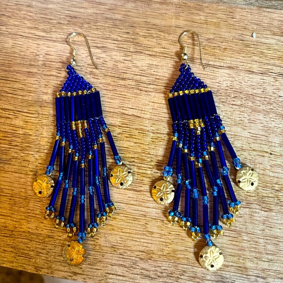 Blue & Gold beaded earrings - Picture 1 of 1